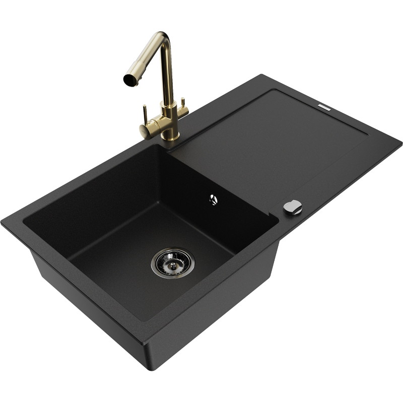 Mexen Leo granite sink 1-bowl with drainer and kitchen faucet Duero, black - 6501-77-671600-50-B