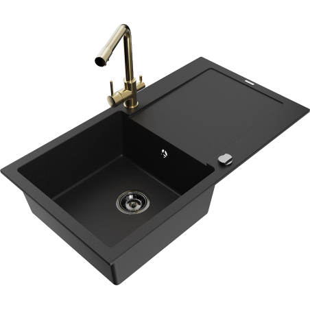 Mexen Leo 1-bowl granite sink with drainer and Duero kitchen tap, black - 6501-77-671600-50-B