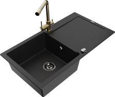 Mexen Leo 1-bowl granite sink with drainer and Duero kitchen tap, black - 6501-77-671600-50-B