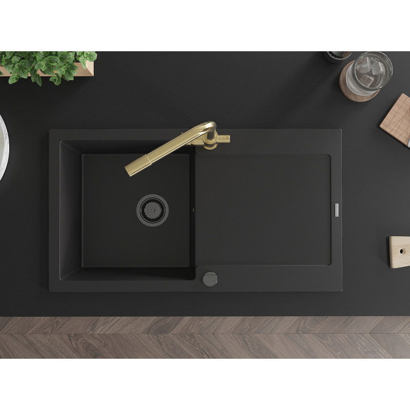 Mexen Leo 1-bowl granite sink with drainer and Duero kitchen tap, black - 6501-77-671600-50-B