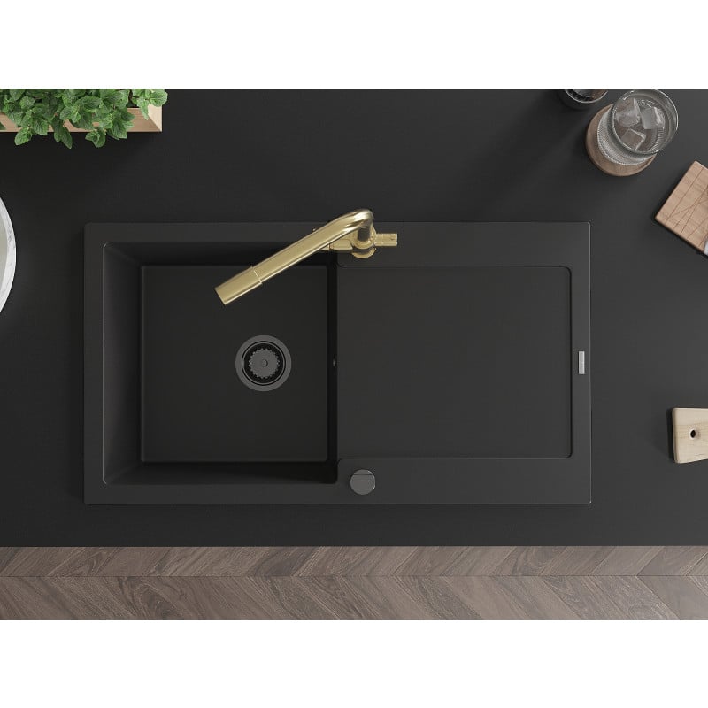 Mexen Leo granit kitchen sink 1-bowl with drainer and Duero kitchen faucet, black - 6501-77-671600-50-B