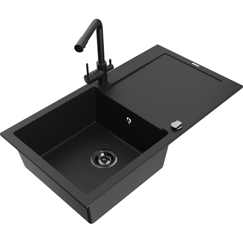 Mexen Leo granite kitchen sink 1-bowl with drainer and Duero kitchen tap, black - 6501-77-671600-70-B