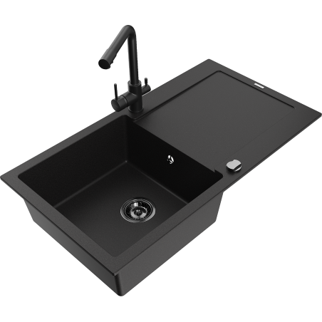 Mexen Leo granite kitchen sink 1-bowl with drainer and Duero kitchen tap, black - 6501-77-671600-70-B