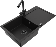 Mexen Leo 1-bowl granite sink with drainer and Duero kitchen faucet, black - 6501-77-671600-70-B