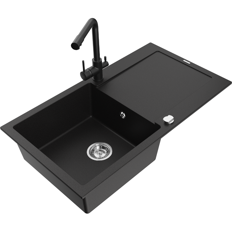 Mexen Leo 1-bowl granite sink with drainer and Duero kitchen faucet, black - 6501-77-671600-70