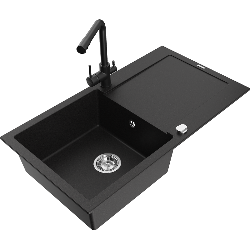 Mexen Leo granite sink 1-bowl with drainer and Duero kitchen tap, black - 6501-77-671600-70