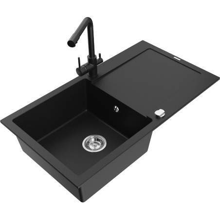 Mexen Leo 1-bowl granite sink with drainer and Duero kitchen faucet, black - 6501-77-671600-70