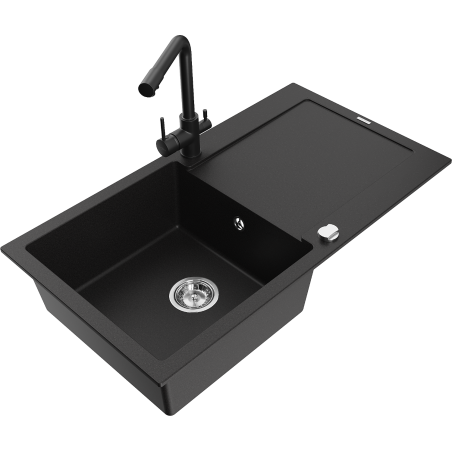Mexen Leo granite sink 1-bowl with drainer and Duero kitchen tap, black - 6501-77-671600-70