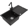 Mexen Leo 1-bowl granite sink with drainer and Duero kitchen faucet, black - 6501-77-671600-70