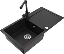 Mexen Leo 1-bowl granite sink with drainer and Duero kitchen faucet, black - 6501-77-671600-70