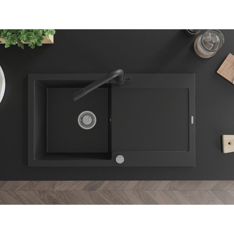 Mexen Leo granite sink 1-bowl with drainer and Duero kitchen tap, black - 6501-77-671600-70