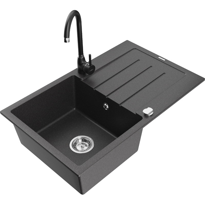 Mexen Bruno granite sink 1-bowl with drainer and kitchen faucet Telma, black speckled - 6513-76-670200-70