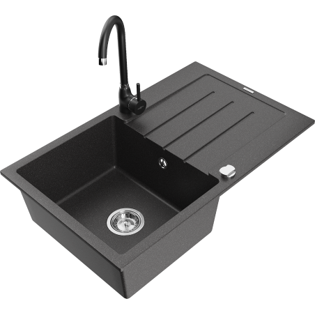 Mexen Bruno granite sink 1-bowl with drainer and Telma kitchen tap, black speckled - 6513-76-670200-70