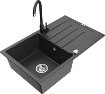 Mexen Bruno granite sink 1-bowl with drainer and kitchen faucet Telma, black speckled - 6513-76-670200-70