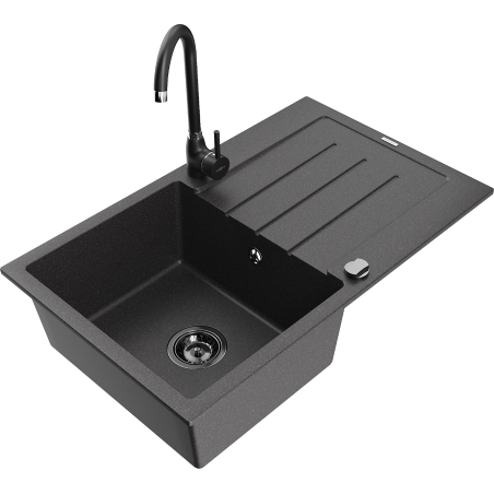 Mexen Bruno single-bowl granite sink with drainer and Telma kitchen faucet, speckled black - 6513-76-670200-70-B