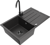 Mexen Bruno granite single-bowl kitchen sink with drainer and Telma kitchen faucet, speckled black - 6513-76-670200-70-B