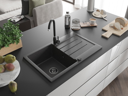 Mexen Bruno granite kitchen sink 1-bowl with drainer and Telma kitchen tap, black speckled - 6513-76-670200-70-B