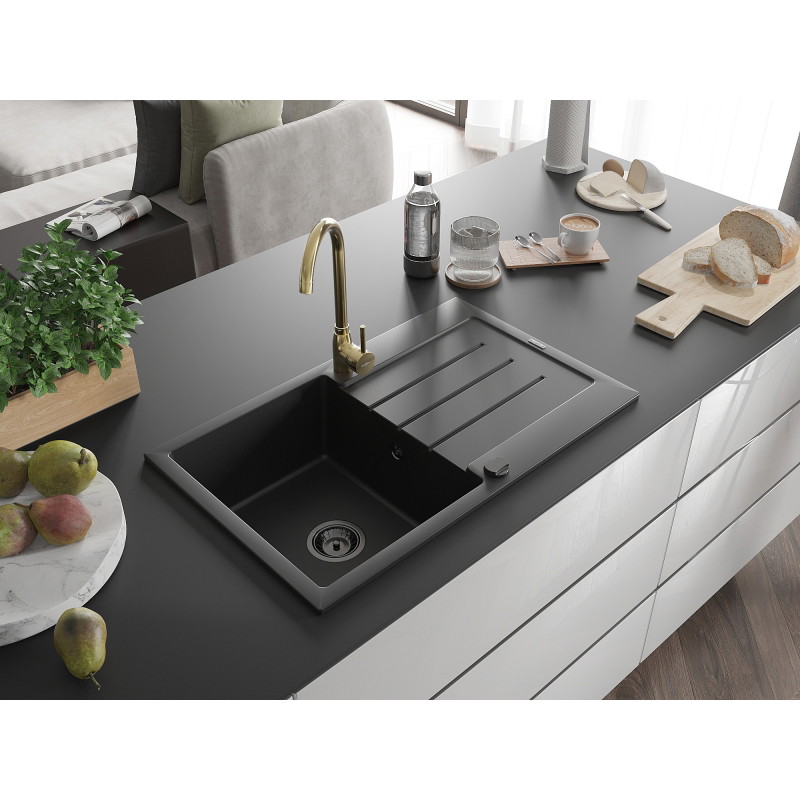 Mexen Bruno 1-bowl granite sink with drainer and Telma kitchen faucet, black - 6513-77-670200-50-B