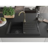 Mexen Bruno 1-bowl granite sink with drainer and Telma kitchen faucet, black - 6513-77-670200-50-B