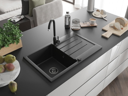 Mexen Bruno granite kitchen sink 1-bowl with drainer and Telma kitchen faucet, black - 6513-77-670200-70-B