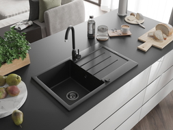 Mexen Bruno granite sink 1-bowl with drainer and Telma kitchen tap, black - 6513-77-670200-70-B