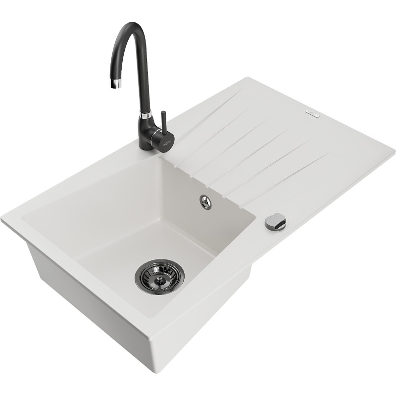Mexen Cesar 1-bowl granite sink with drainer and Telma kitchen faucet, white - 6514-20-670200-70