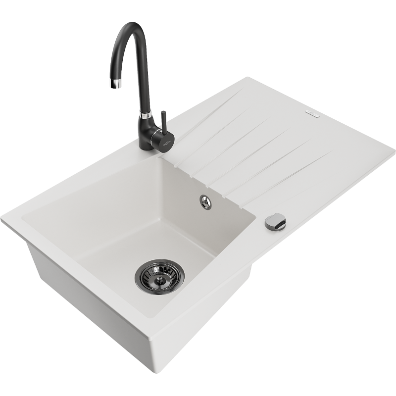Mexen Cesar 1-compartment granite sink with a drip tray and kitchen mixer tap Telma, White - 6514-20-670200-70