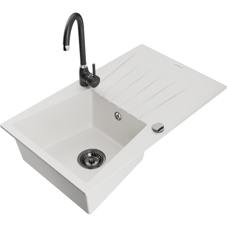 Mexen Cesar 1-compartment granite sink with a drip tray and kitchen mixer tap Telma, White - 6514-20-670200-70