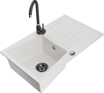 Mexen Cesar 1-compartment granite sink with a drip tray and kitchen mixer tap Telma, White - 6514-20-670200-70