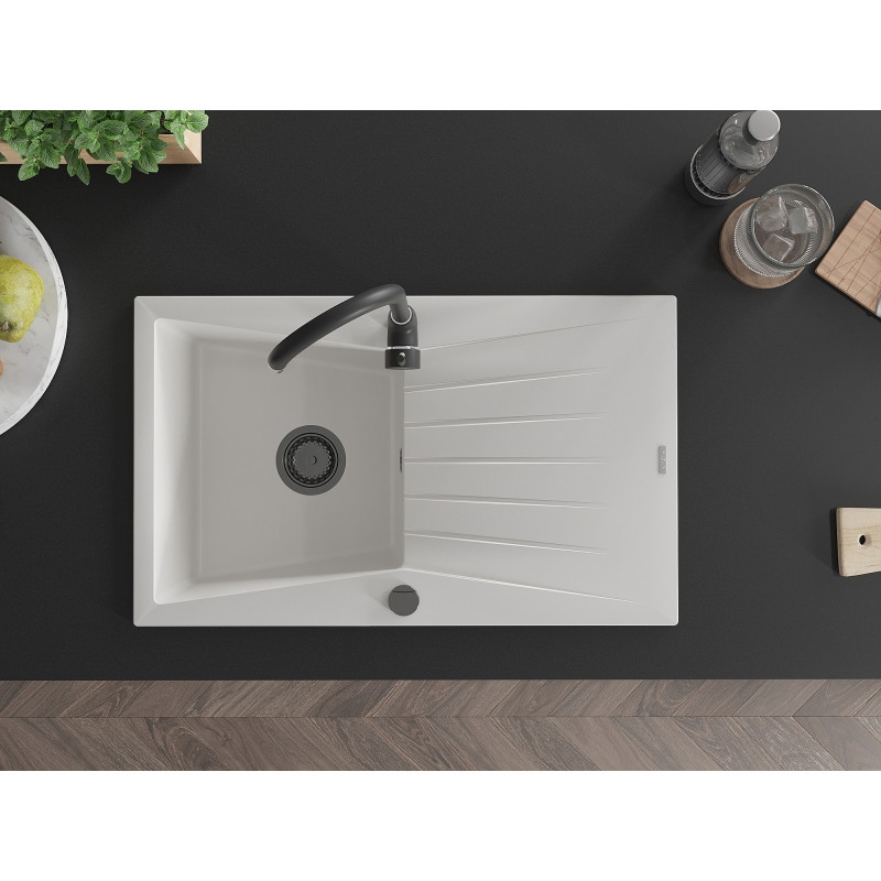 Mexen Cesar 1-bowl granite sink with drainer and Telma kitchen faucet, white - 6514-20-670200-70