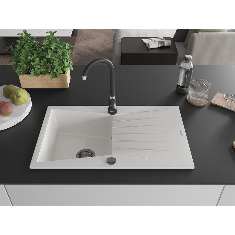 Mexen Cesar 1-bowl granite sink with drainer and Telma kitchen faucet, white - 6514-20-670200-70