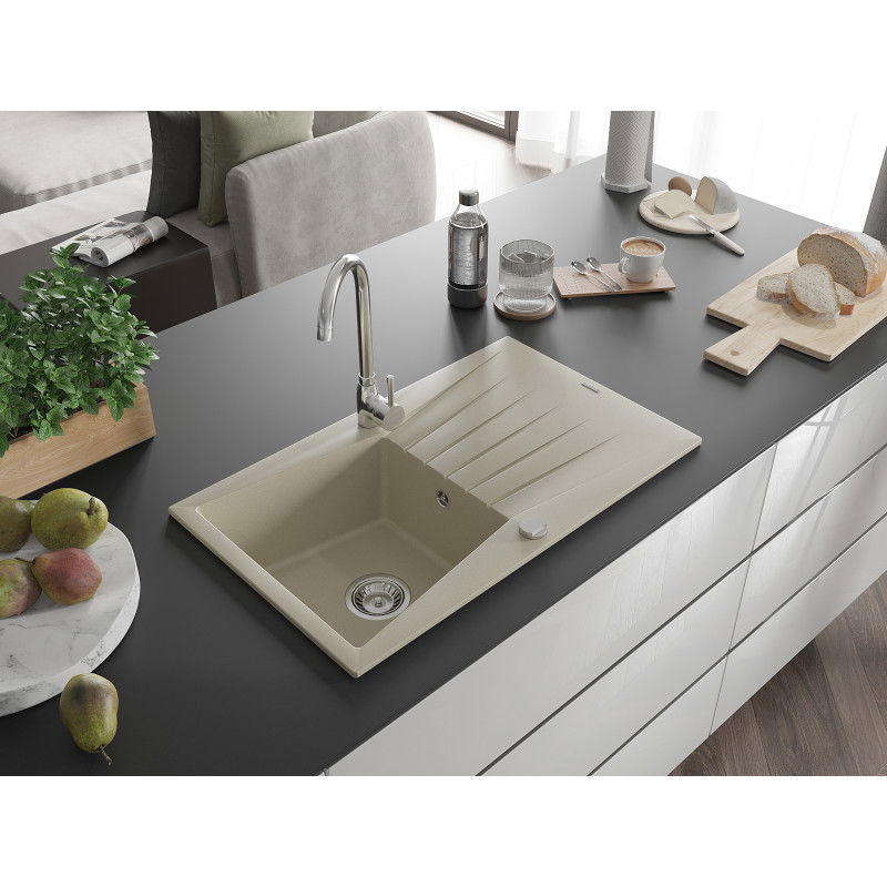 Mexen Cesar 1-bowl granite sink with drainer and Telma kitchen tap, beige - 6514-69-670200-00