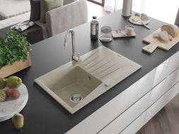 Mexen Cesar 1-bowl granite sink with drainer and Telma kitchen tap, beige - 6514-69-670200-00
