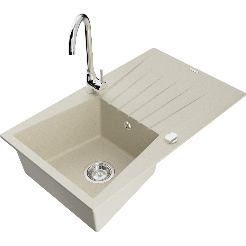 Mexen Cesar 1-compartment granite sink with a drip tray and kitchen mixer tap Telma, Beige - 6514-69-670200-00