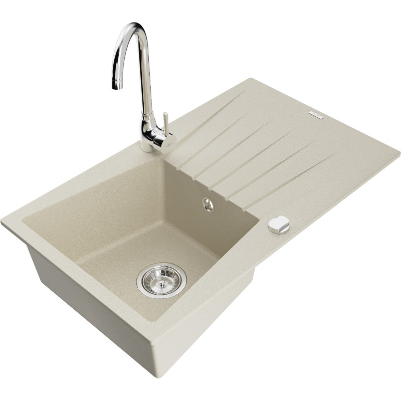 Mexen Cesar granite kitchen sink 1-bowl with drainer and Telma kitchen faucet, beige - 6514-69-670200-00