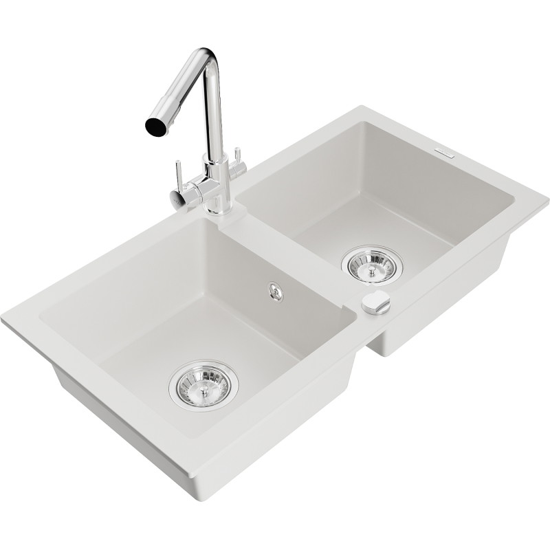 Mexen Mario granite kitchen sink 2-bowl with Duero kitchen faucet, white - 6504-20-671600-00