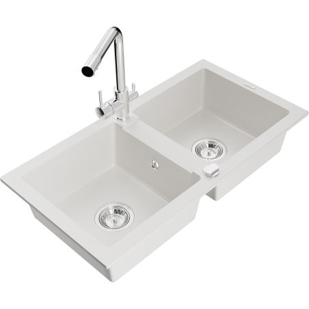 Mexen Mario granite kitchen sink 2-bowl with Duero kitchen faucet, white - 6504-20-671600-00