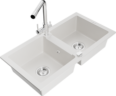 Mexen Mario granite double bowl kitchen sink with Duero faucet, white - 6504-20-671600-00