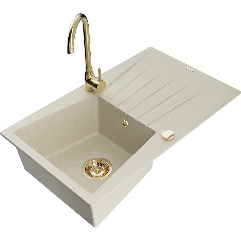 Mexen Cesar 1-compartment granite sink with a drip tray and kitchen mixer tap Telma, Beige - 6514-69-670200-50