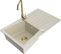 Mexen Cesar 1-bowl granite sink with drainer and Telma kitchen faucet, beige - 6514-69-670200-50