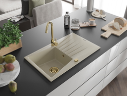 Mexen Cesar 1-bowl granite sink with drainer and Telma kitchen faucet, beige - 6514-69-670200-50