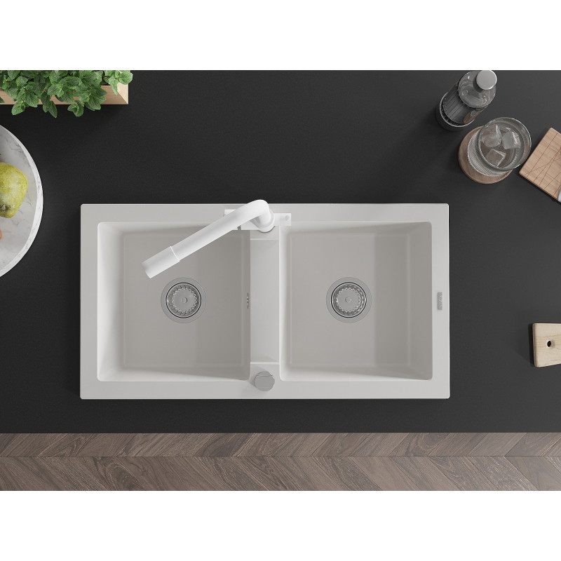 Mexen Mario granite kitchen sink 2-chamber with Duero kitchen faucet, white - 6504-20-671600-20