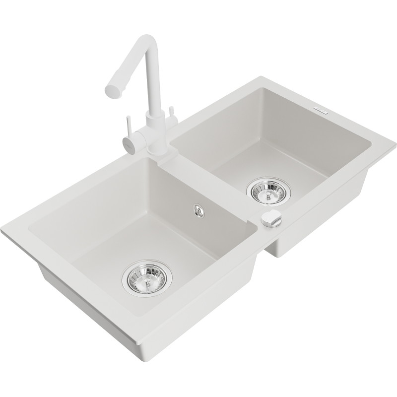 Mexen Mario granite kitchen sink 2-chamber with Duero kitchen faucet, white - 6504-20-671600-20