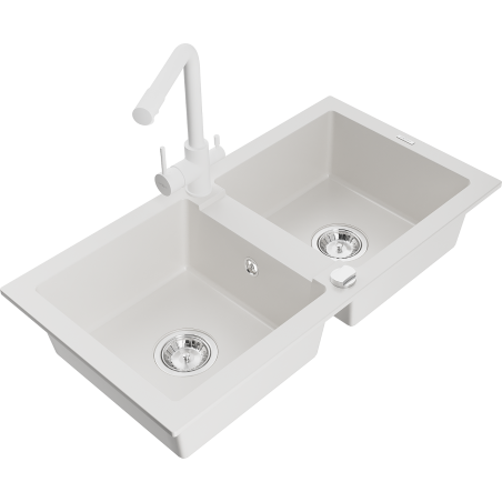 Mexen Mario granite double bowl sink with Duero kitchen faucet, white - 6504-20-671600-20