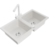 Mexen Mario granite double bowl sink with Duero kitchen faucet, white - 6504-20-671600-20