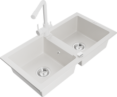 Mexen Mario granite double bowl sink with Duero kitchen faucet, white - 6504-20-671600-20