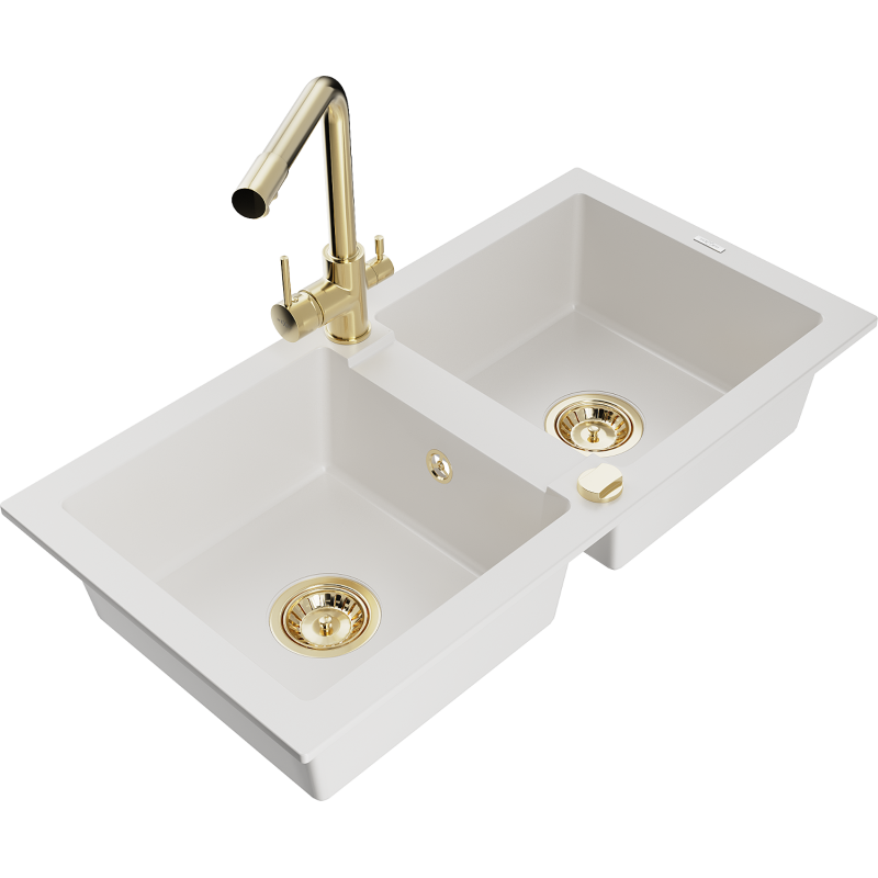 Mexen Mario 2-bowl granite sink with Duero kitchen tap, white - 6504-20-671600-50
