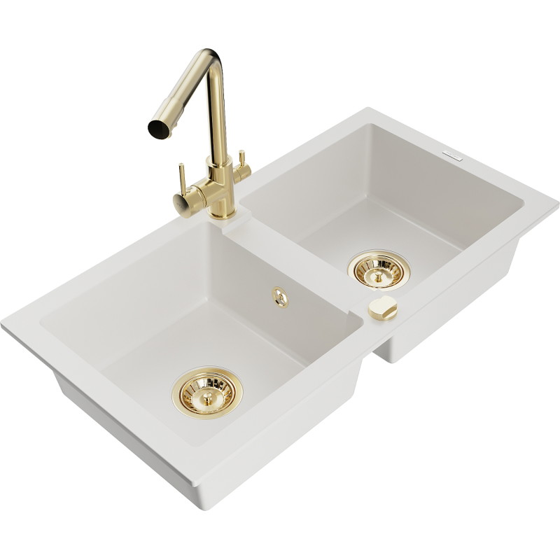 Mexen Mario 2-bowl granite sink with kitchen faucet Duero, white - 6504-20-671600-50