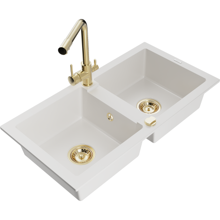 Mexen Mario 2-bowl granite sink with Duero kitchen tap, white - 6504-20-671600-50