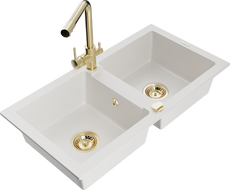 Mexen Mario 2-bowl granite sink with Duero kitchen tap, white - 6504-20-671600-50